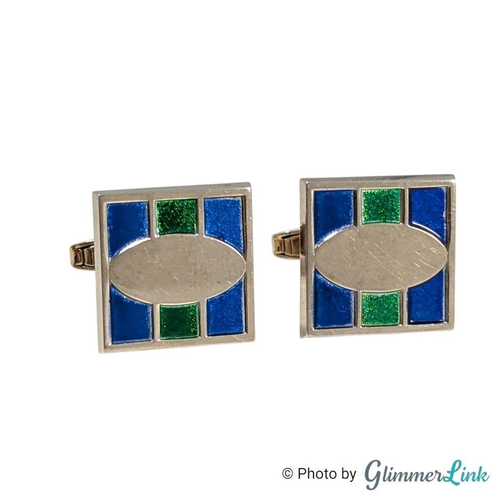 Vintage Foster Blue & Green Square Geometric Art Deco Style Gold Tone Cufflinks
